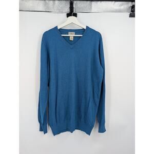 LL Bean Mens Large Tall Blue Cotton Cashmere Sweater V Neck Career Office Casual